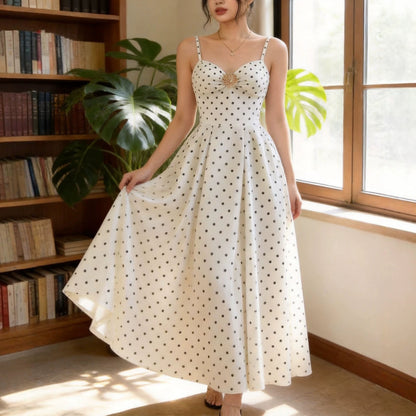 Hepburn-Style Sleeveless Polka-Dot Print Camisole Dress