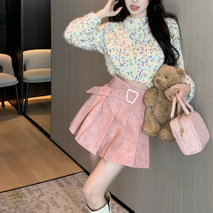 Sexy Colorful Crochet Knit Sweater And Pleated Skirt Set