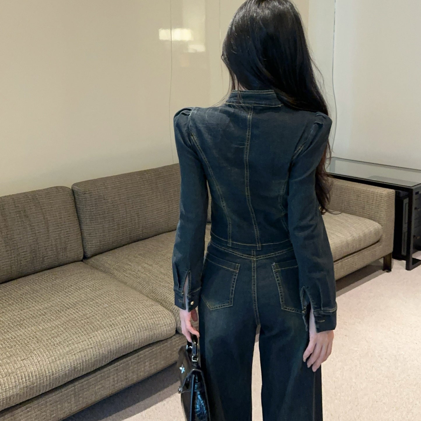 French-Style Sexy Bow-Knot Irregular Denim Top And High-Waisted Pants Set