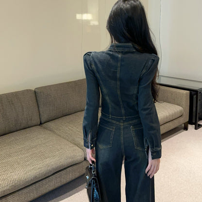 French-Style Sexy Bow-Knot Irregular Denim Top And High-Waisted Pants Set