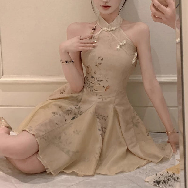 New Chinese Style Sleeveless Halter Neck Suspender Dress