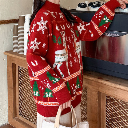Sweet Loose Round Neck Pullover Long Sleeve Knitted Christmas Sweater