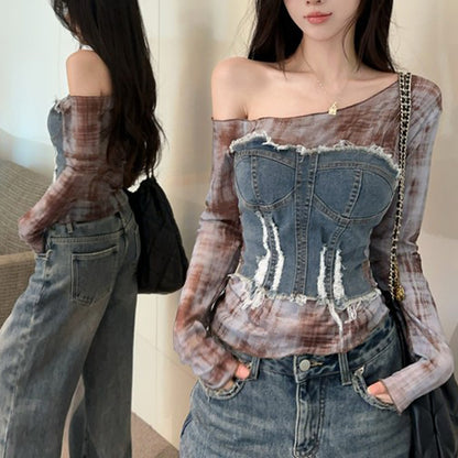 Printed Denim Long-Sleeved T-Shirt