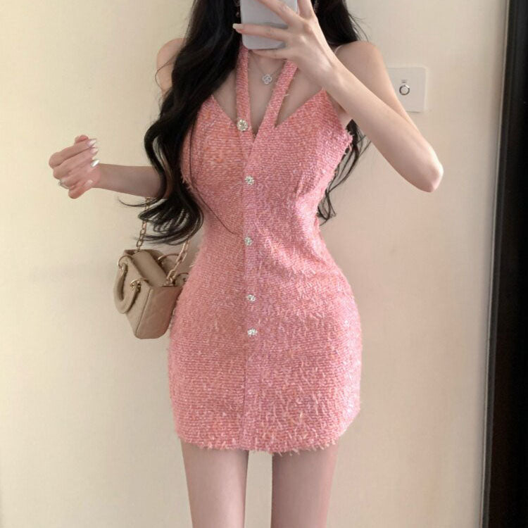 V-Neck Single-Breasted Sleeveless Dress