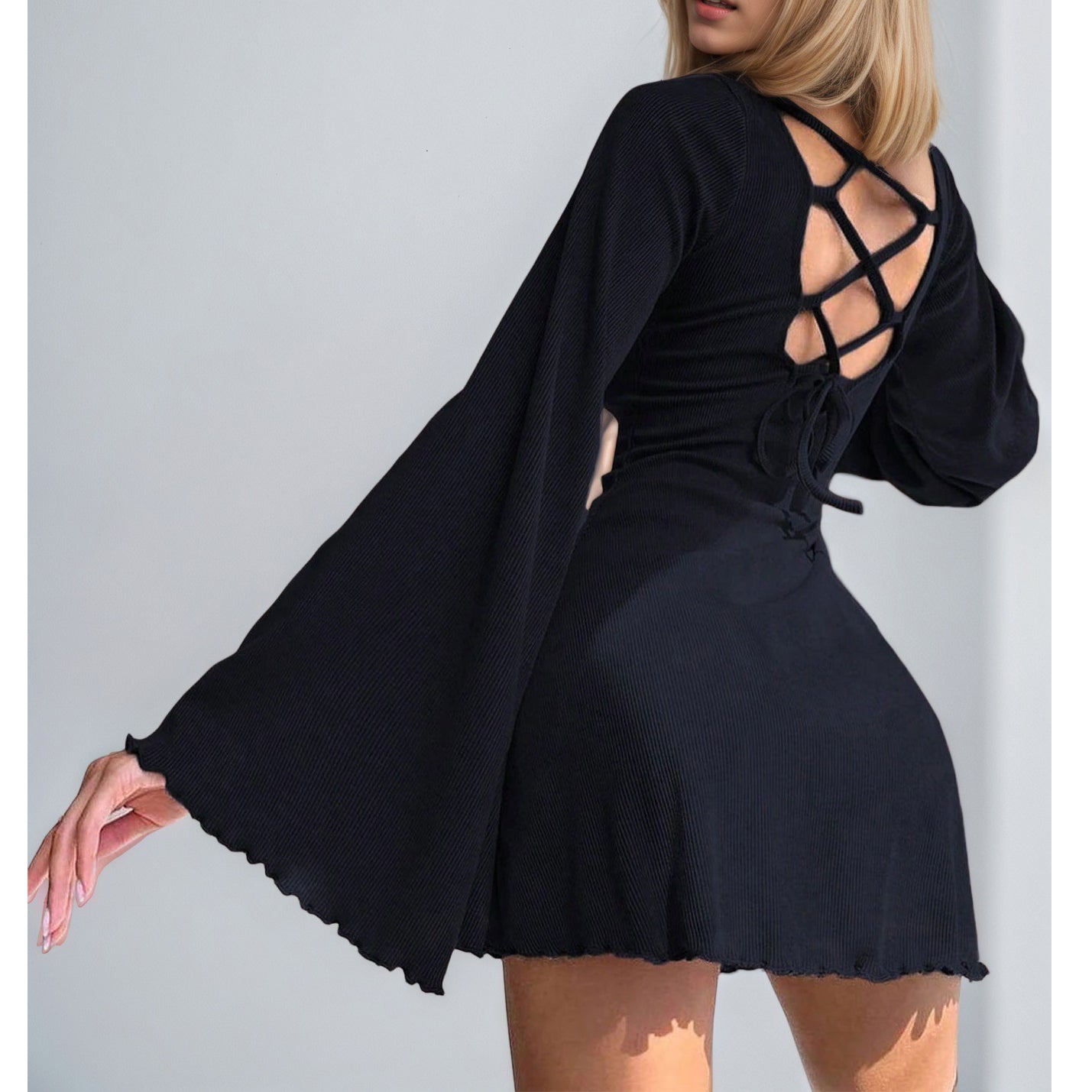 Elegant Backless Dress With Flared Sleeves