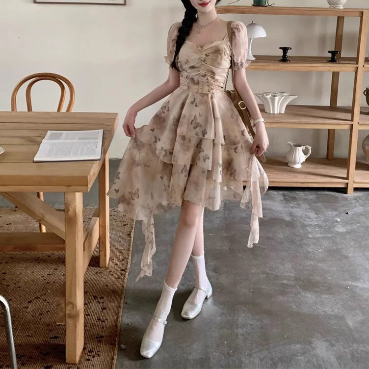 French Irregular Butterfly Print Ruffle Dress