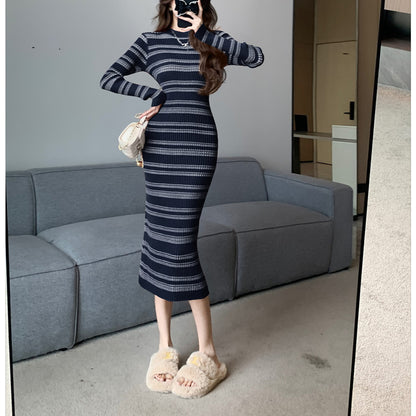 Sexy Round-Neck Color-Block Striped Dress