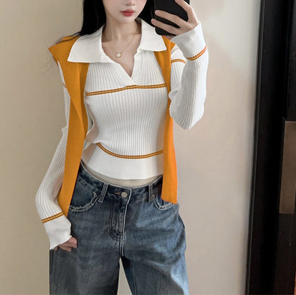 Niche Sexy Contrast Color Lapel Sweater Top