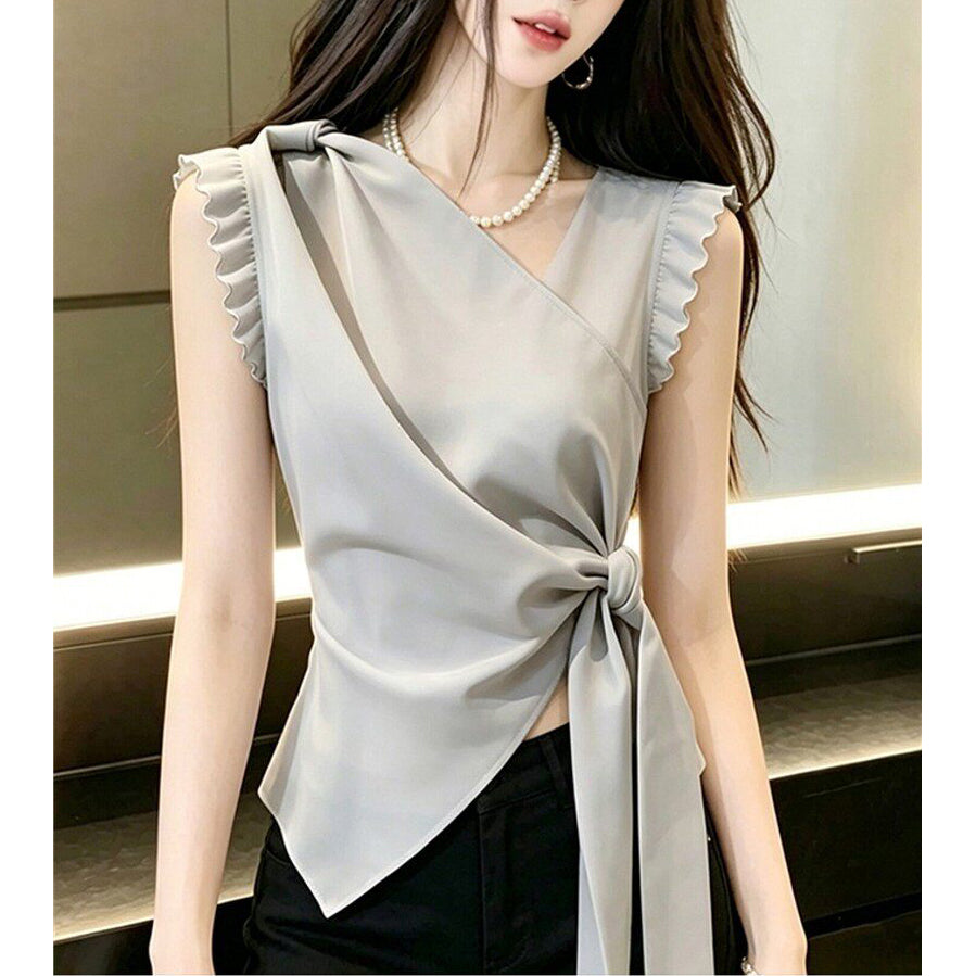 Niche-Style Grey Asymmetrical-Neck Tie-Strap Top