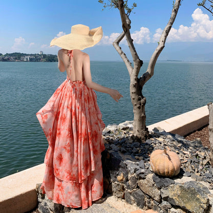Spaghetti Strap V-Neck Backless Vacation Dress