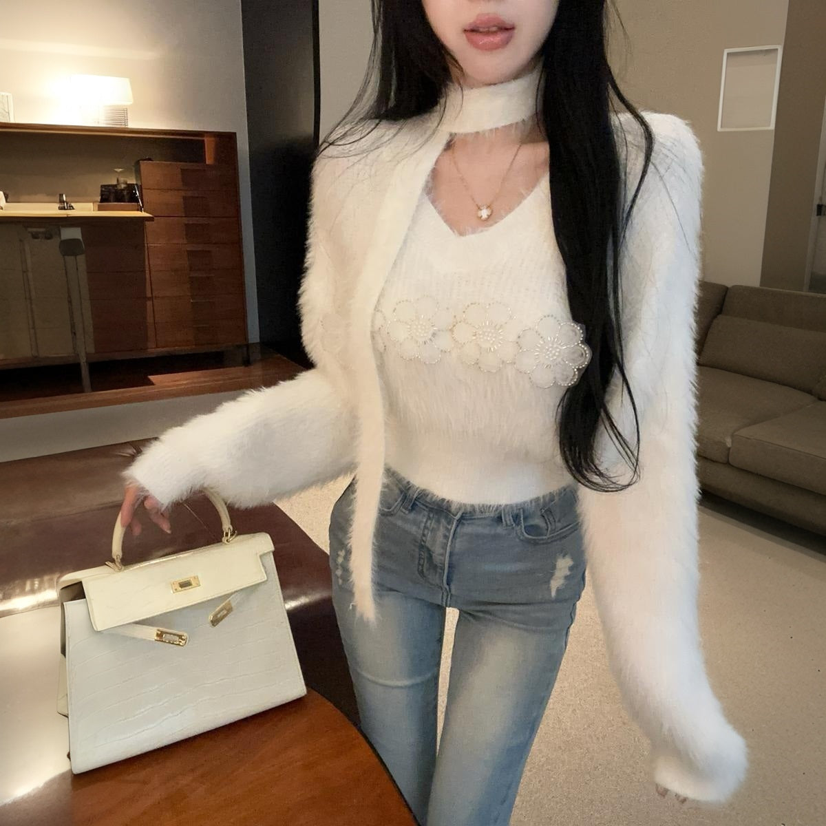 Sweet And Sexy Fluffy Ribbon Knitted Sweater