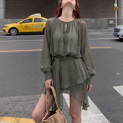 French-Style Lantern-Sleeve Tie-Waist Dress