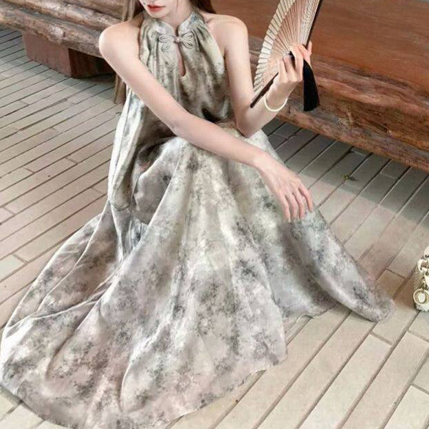 New Chinese Style Tie-Dye Halter Neck Top And Long Skirt Two-Piece Set