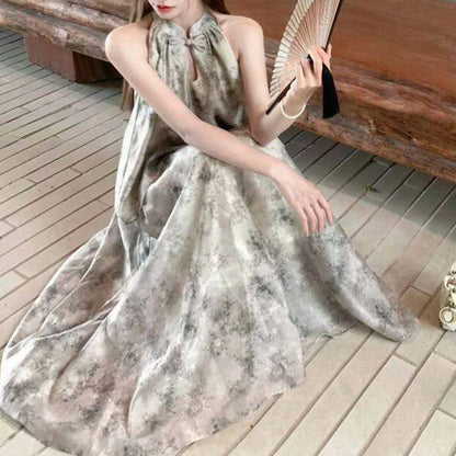 New Chinese Style Tie-Dye Halter Neck Top And Long Skirt Two-Piece Set
