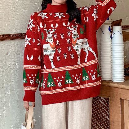 Sweet Loose Round Neck Pullover Long Sleeve Knitted Christmas Sweater