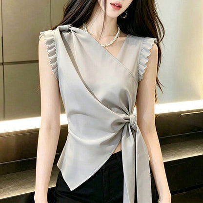 Niche-Style Grey Asymmetrical-Neck Tie-Strap Top