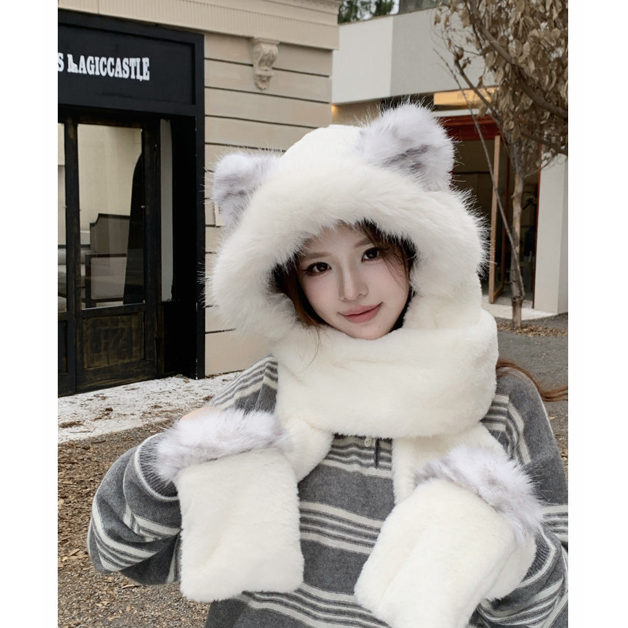 Cute Fox Windproof Winter Scarf Gloves Integrated Warm Plush Three-Piece Set