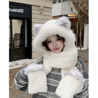 Cute Fox Windproof Winter Scarf Gloves Integrated Warm Plush Three-Piece Set
