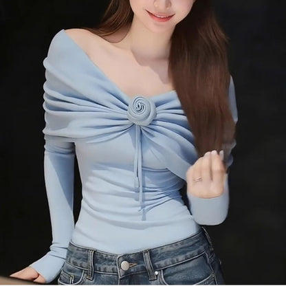 Sexy One-Shoulder 3d Floral Long-Sleeved Sweater