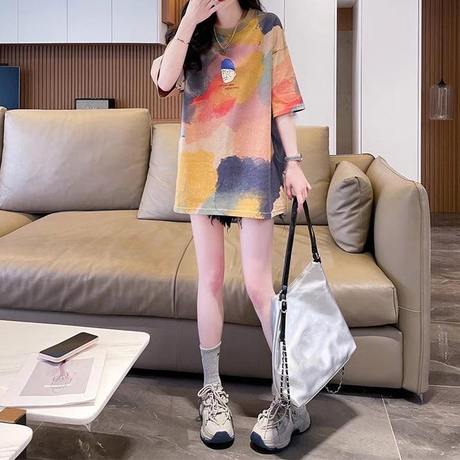 Loose-Fitting Oversized Mid-Length Tie-Dye Gradient Top