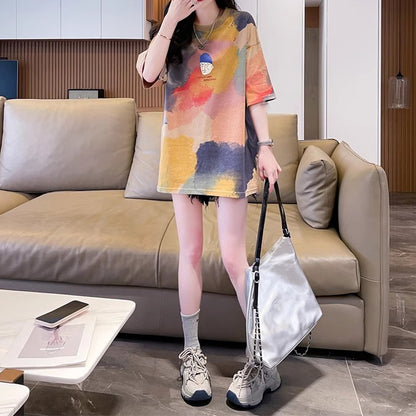 Loose-Fitting Oversized Mid-Length Tie-Dye Gradient Top
