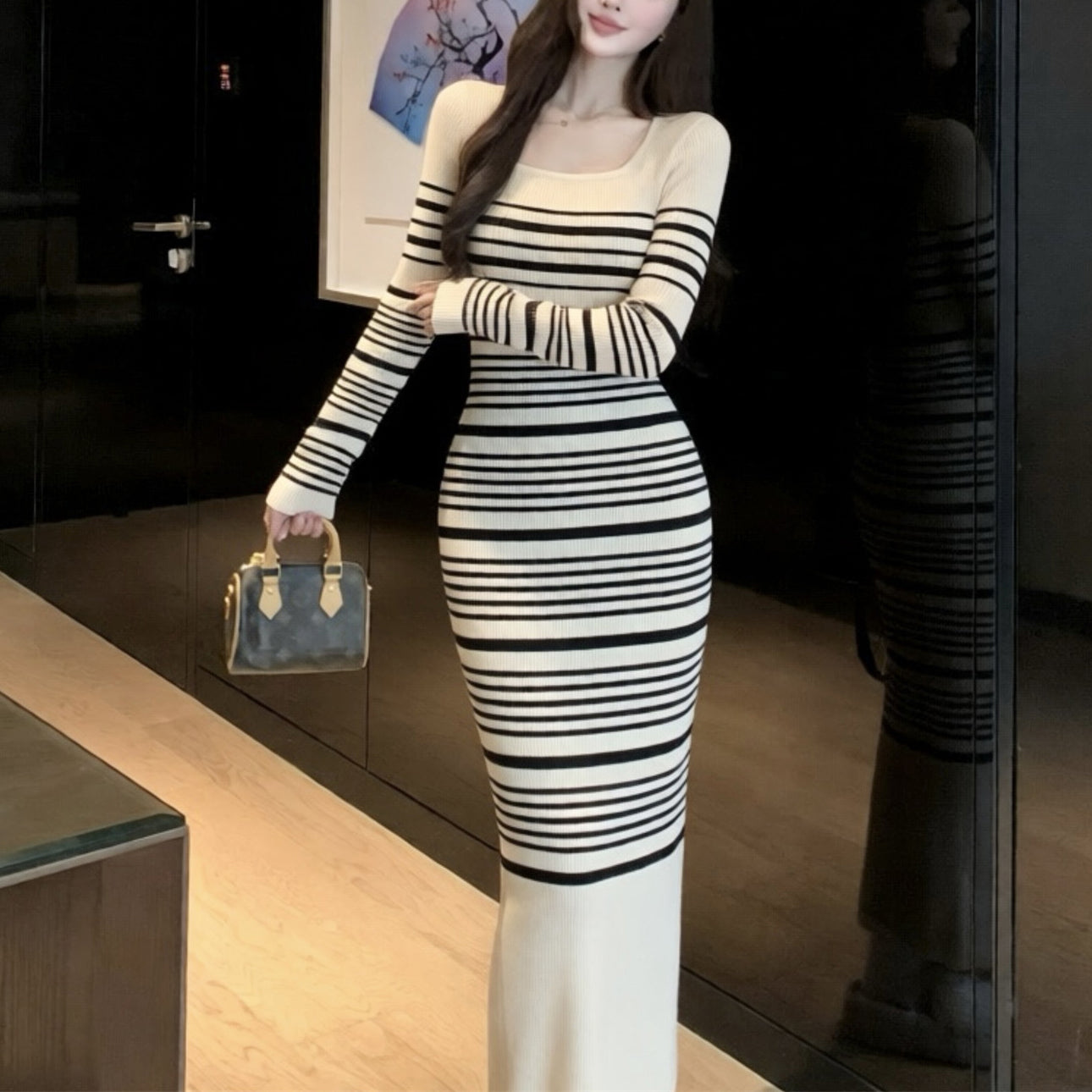 Sexy Square-Neck Striped Knit Dress