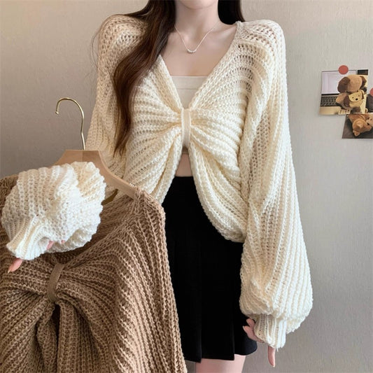 V-Neck Bow-Tie Knit Long-Sleeved Top