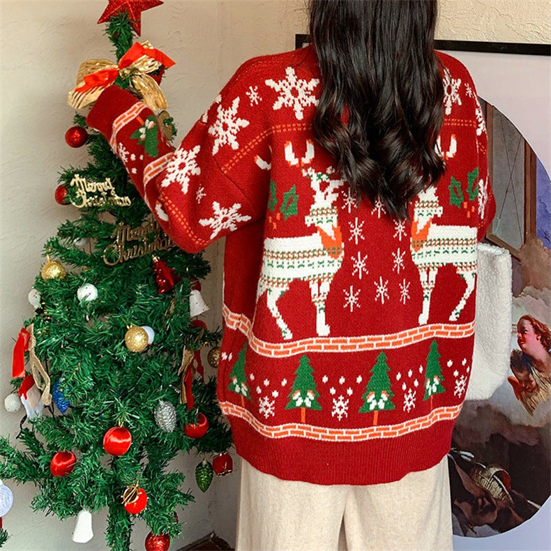 Sweet Loose Round Neck Pullover Long Sleeve Knitted Christmas Sweater
