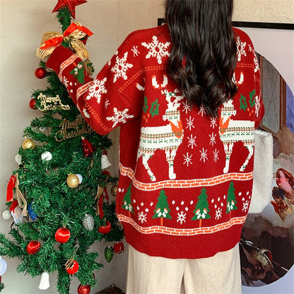 Sweet Loose Round Neck Pullover Long Sleeve Knitted Christmas Sweater