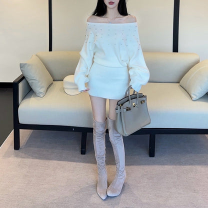 French-Style Sexy Off-Shoulder Rhinestone Knit Dress