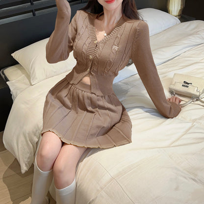 Fashionable And Sexy V-Neck Single-Breasted Knitted Cardigan Top And Skirt Two-Piece Set