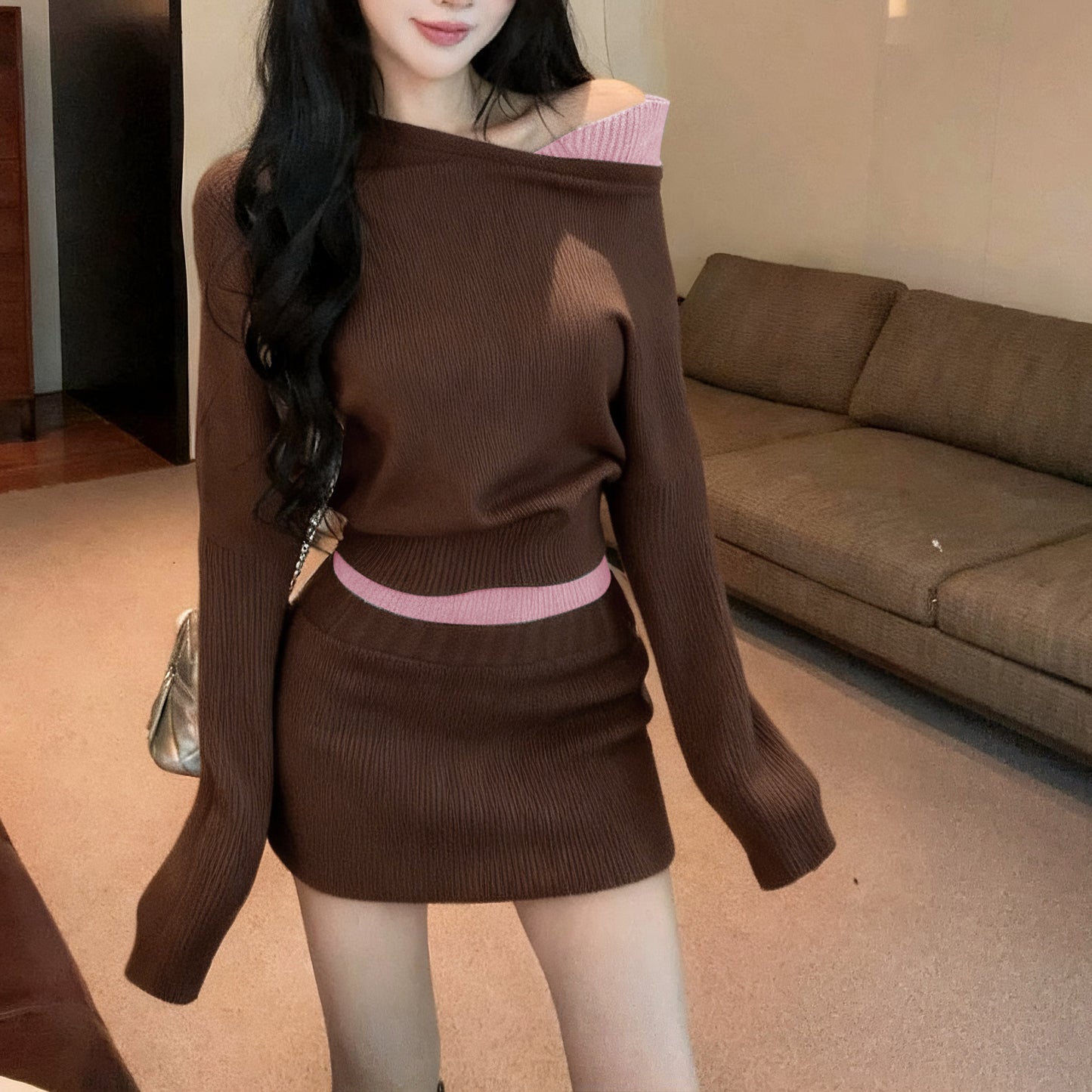 Fake Two-Piece Sexy Contrast Color Off-Shoulder Knitted Sweater Skirt Set