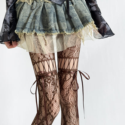 Retro Hollow Lace Bow Tie Fishnet Stockings