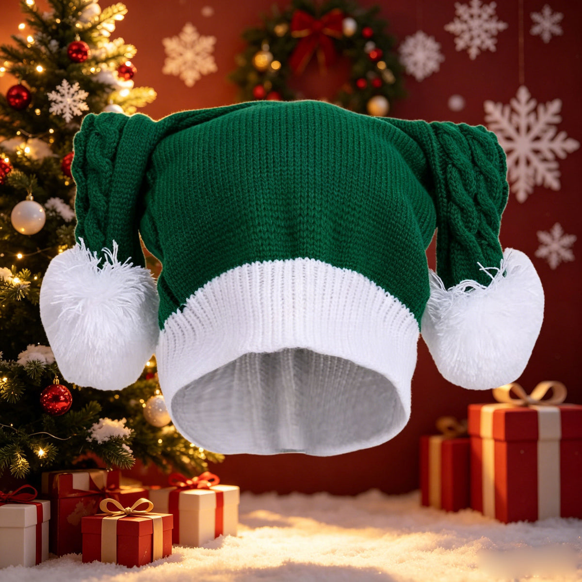 Christmas Red and Green Color-Block Pom-Pom Knit Hat