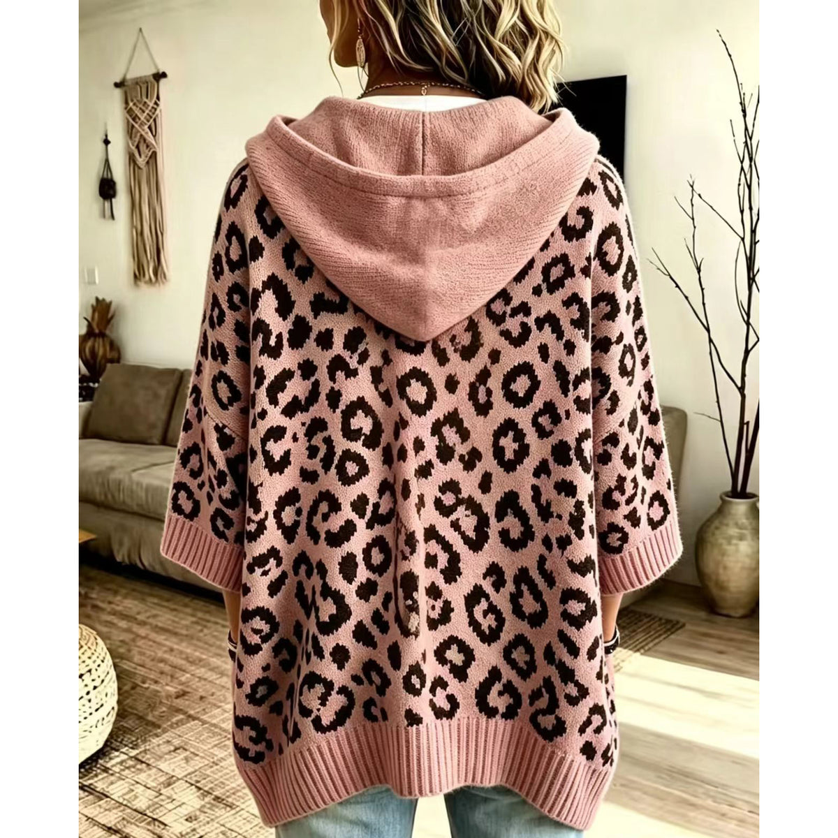 Leopard Print Hooded Drawstring Knit Pullover Sweater