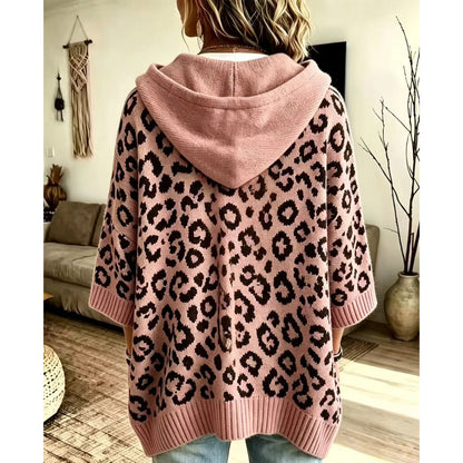 Leopard Print Hooded Drawstring Knit Pullover Sweater