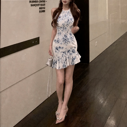 New Chinese-Style Ink-Wash Print Off-Shoulder Sleeveless Dress