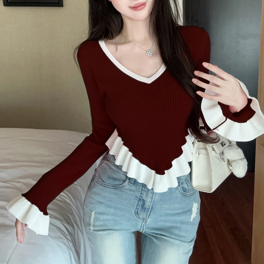 Ruffle Contrast Color Fashionable Sexy Irregular Long-Sleeved Knitted T-Shirt