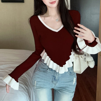 Ruffle Contrast Color Fashionable Sexy Irregular Long-Sleeved Knitted T-Shirt