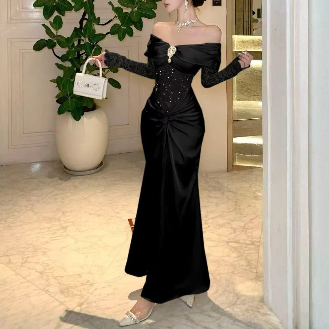 Sexy Off-The-Shoulder Lace Patchwork Evening Gown