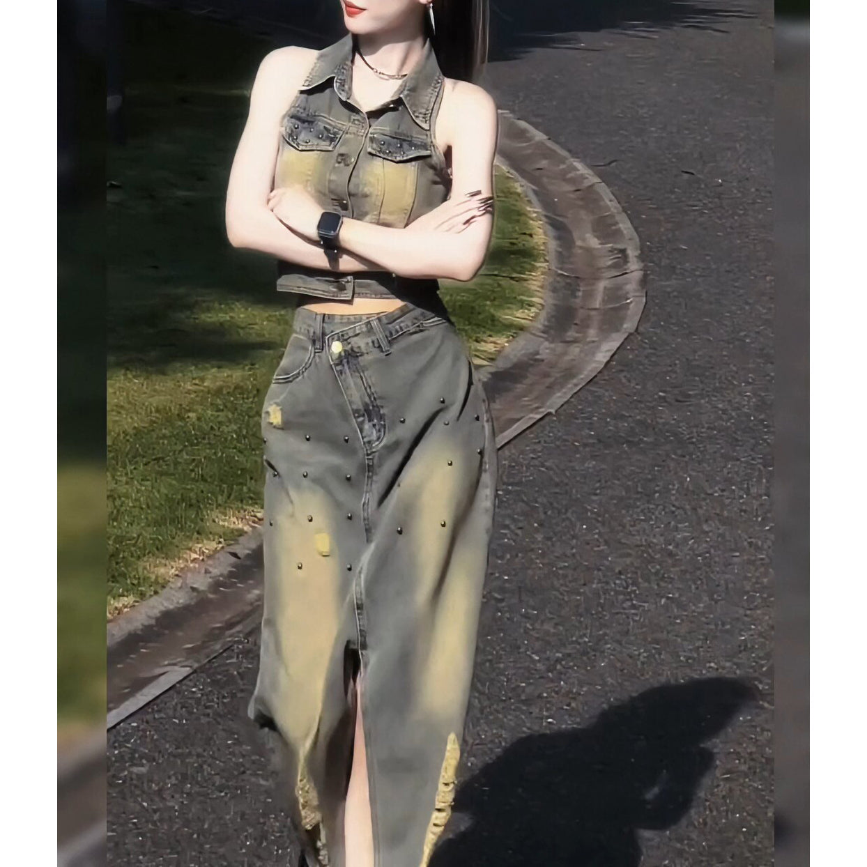 Halter Vest and Slit Skirt Two-Piece Set