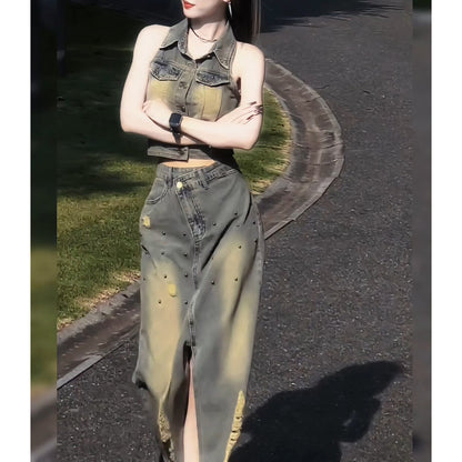 Halter Vest and Slit Skirt Two-Piece Set
