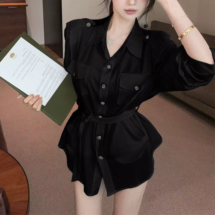 Single-Breasted Sexy Lapel Long-Sleeved Polo Shirt