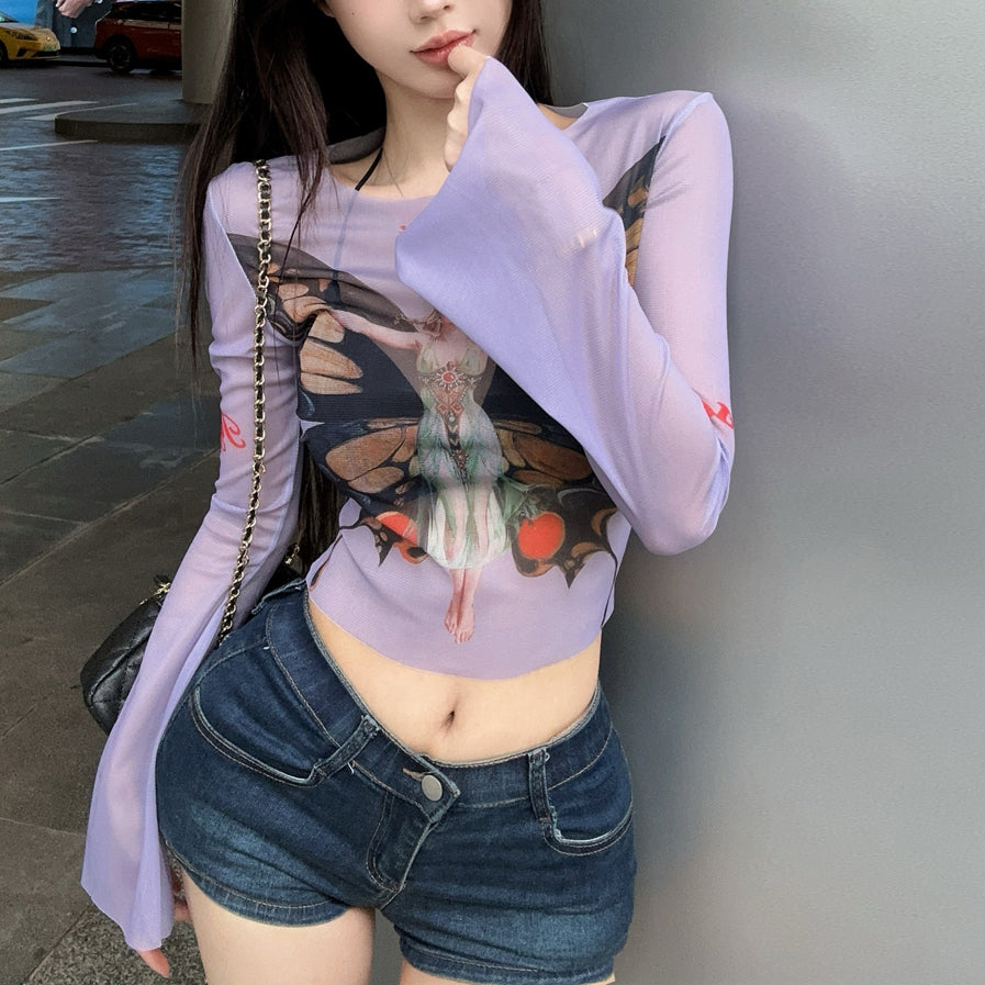 Sexy Sunscreen Butterfly Print Cover-Up T-Shirt