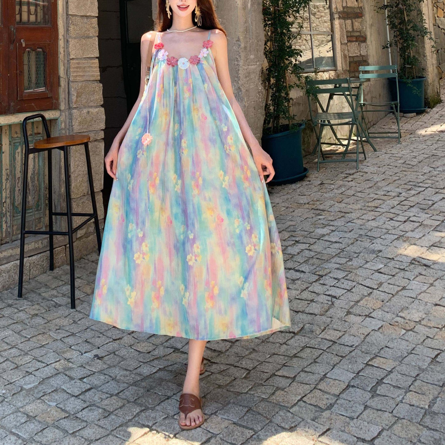 Seaside Vacation Oil Painting Bohemian Style Dress