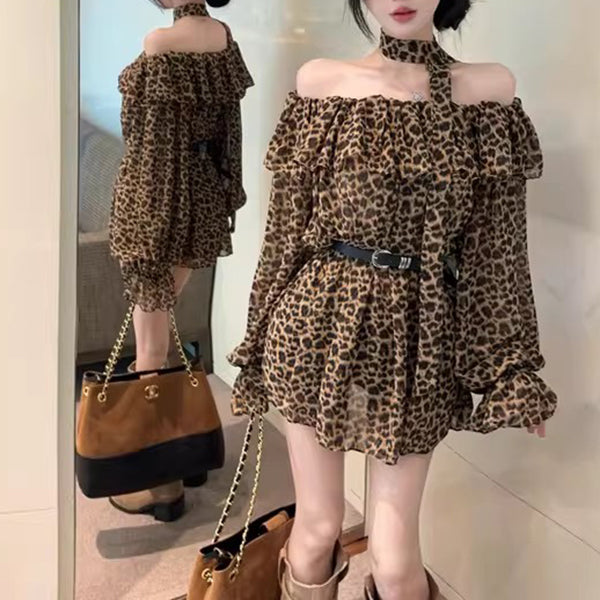 Retro Sexy Leopard Print Off-Shoulder T-Shirt With Belt