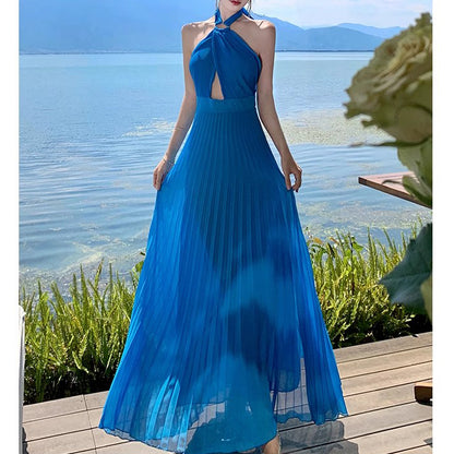 Halter Neck Flowing Chiffon Backless Holiday Dress