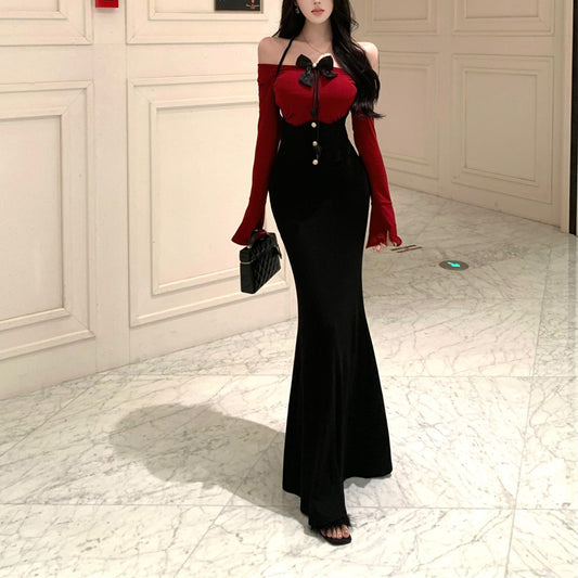 Stylish And Sexy Halter Neck Off-Shoulder Fishtail Skirt Set