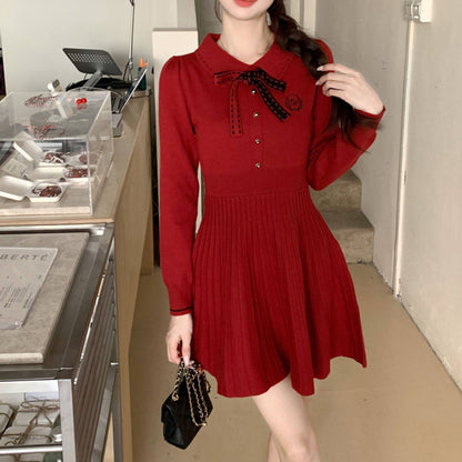 Polo-Neck Knitted Black Dress