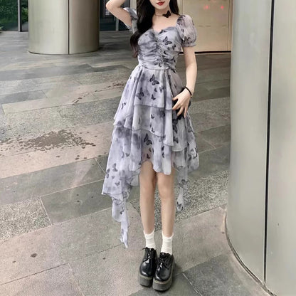 French Irregular Butterfly Print Ruffle Dress